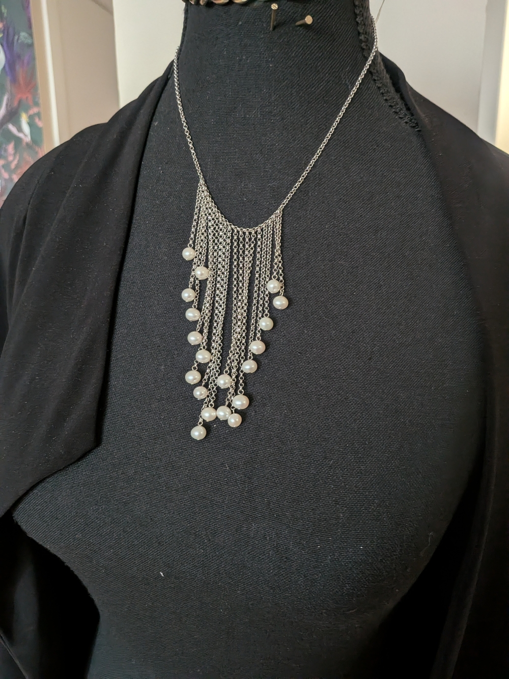 sterling 925 silver fringe bib necklace  multiple chains draped with white Pearl